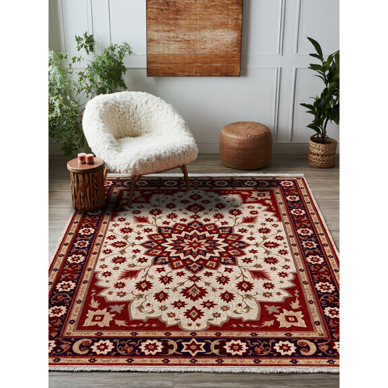 Jazeera Collection Digital Print Cotton-Polyester Burgundy Floral Rug, Square 6'7"