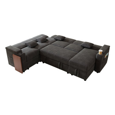 Canapé-lit coulissant de 100 pouces avec ports USB, plateau de table et porte-gobelet, canapé-lit en velours côtelé moelleux et confortable, très grand canapé-lit avec rangement en forme de U