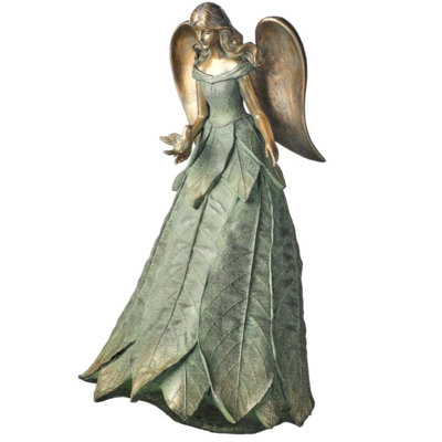 Resin Leaf Pattern Angel W Bird 13.25"