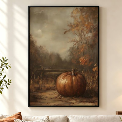 Citrouille d'automne au bord de l'étang - Tableau sur toile encadré avec flotteur doré, 51 cm de largeur x 76 cm de hauteur