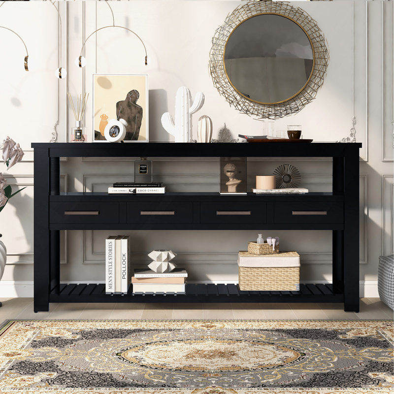 Table console moderne pour salon avec 4 tiroirs et 2 tablettes, Noir, noir, noir, noir