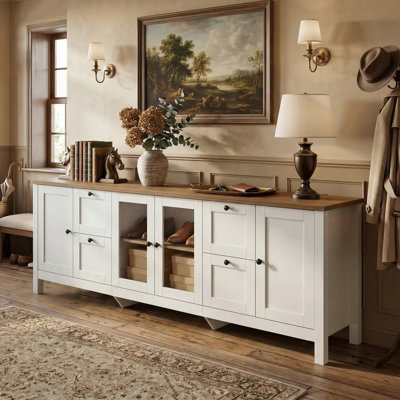 90.6" Wide Horizontal Shoe Cabinet With 4 Drawers & Glass Doors