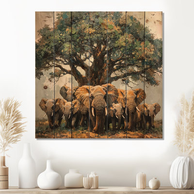 Éléphants d'Afrique par le baobab III - Impression sur bois d'éléphant - sur bois de pin naturel
