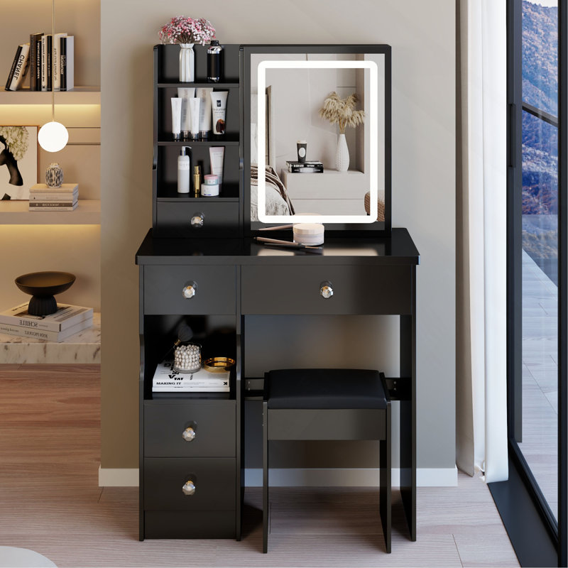 Petit meuble-lavabo de 29,2 po avec tabouret de bureau et tabouret rembourré à gauche 29,5 po, grande commande tactile, interrupteur tricolore, miroir à luminosité réglable, rangement à grande capacité, convient aux petits espaces