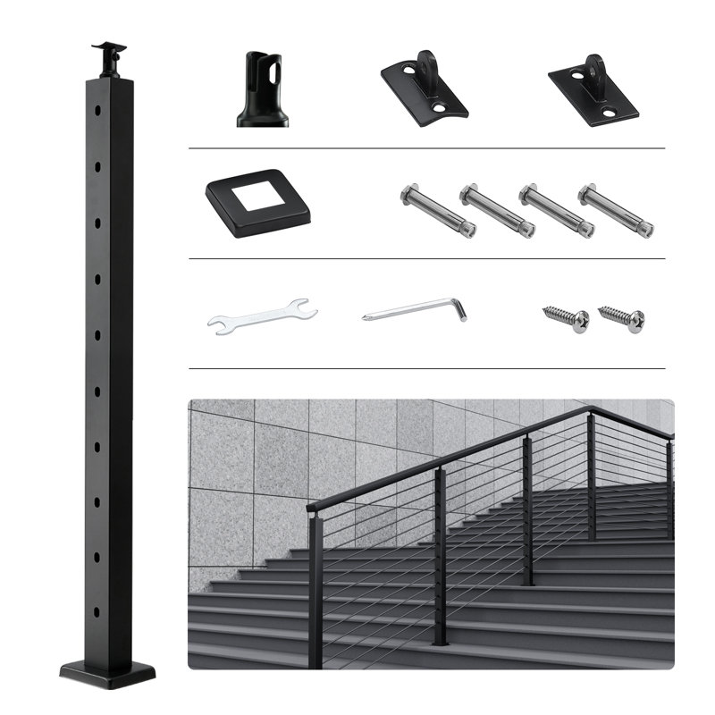 Cable Railing Post, 36" X 2" X 2" Steel Horizontal Hole Deck Railing Post 10 Pre Drilled Holes Sus304 Stainless Steel Cable Rail Post With Horizontal And Curved Bracket 1 Pack Silver P 010898354403