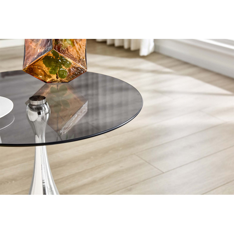 Table d'appoint ronde moderne argentée avec plateau en verre trempé, parfaite pour le salon et la chambre à coucher, peu encombrante et élégante