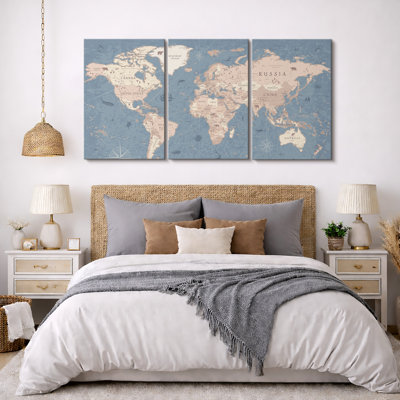 World Map "Blue Global Antique Atlas Map Artwork, Modern Organic Office Decor Wall Pictures, Framed Canvas Giclée Print 3 Pieces Wall Art"
