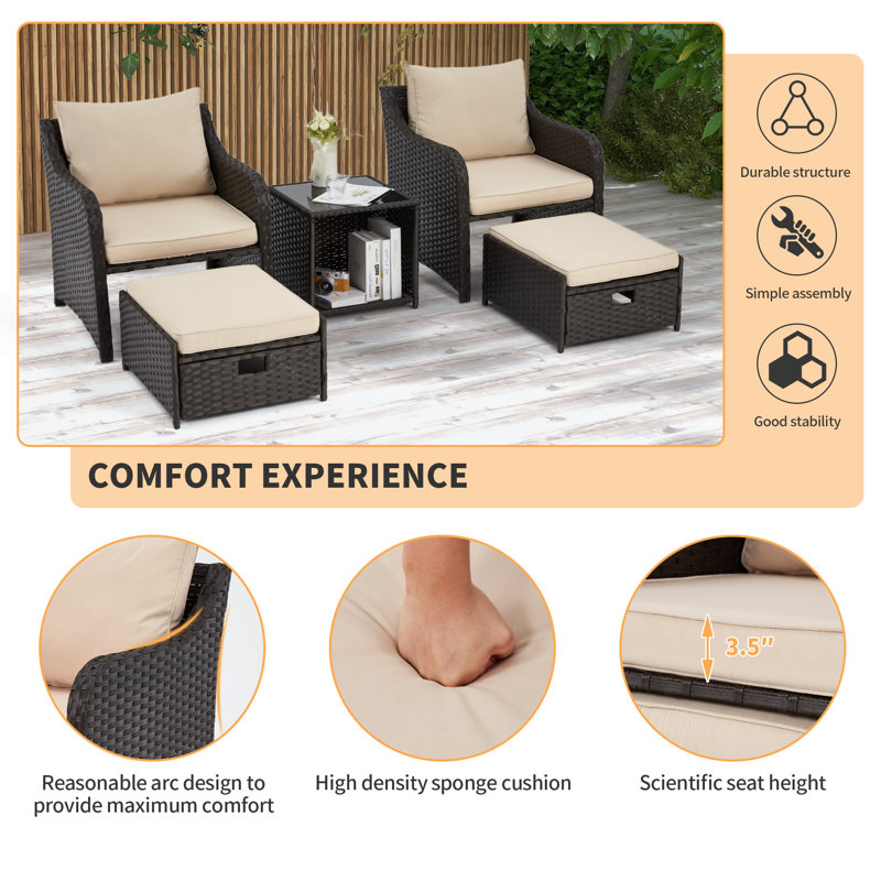 4 - Person Patio Conversation Set with Cushions, Khaki Cushion / Black Frame
