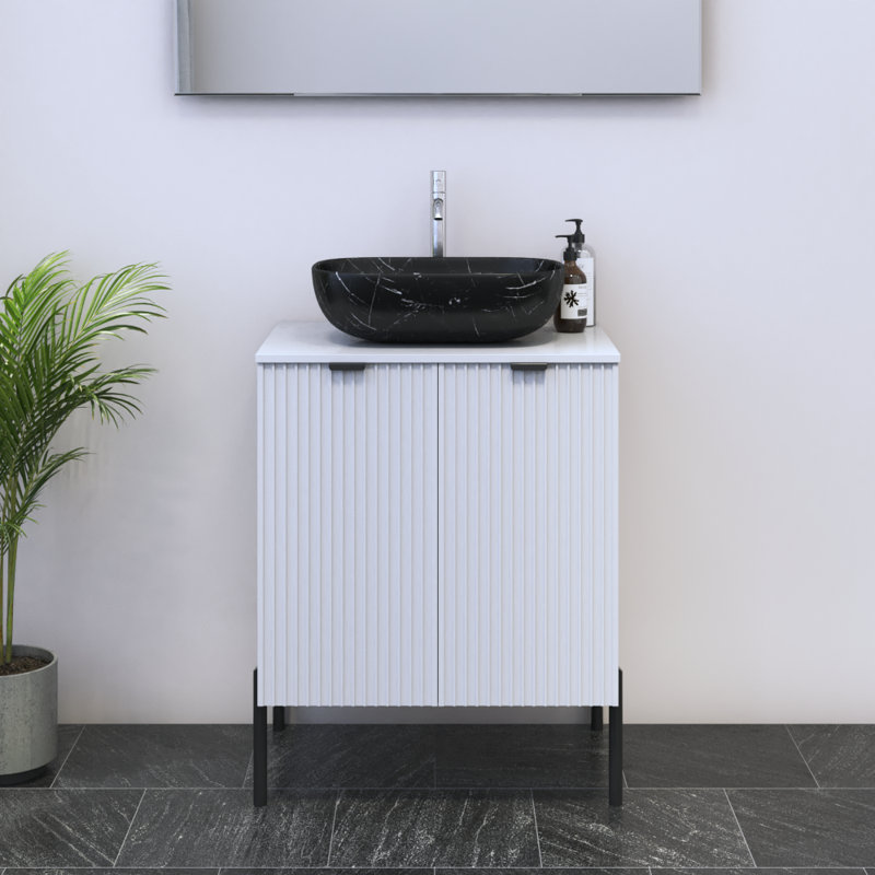 Meuble-lavabo simple 23,6 po avec plateau en bois manufacturé Lissia, Blanc, Noir