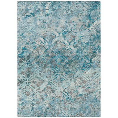 Tapis extérieur bleu sarcelle et gris anthracite lavable 9 'X 12'