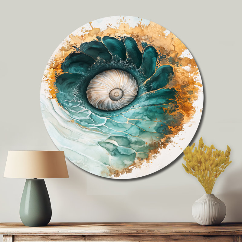 Coastal Spiral Emerald Seashell I - impression d'art moderne en métal vert, coquillage rond, art mural en métal