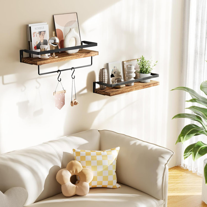 2 Piece Wall Shelves for Bathroom, Kitchen, Bedroom, Bathroom Shelf with Towel Bar, 2.75" H x 16.9" W x 5.9" D, Brown
