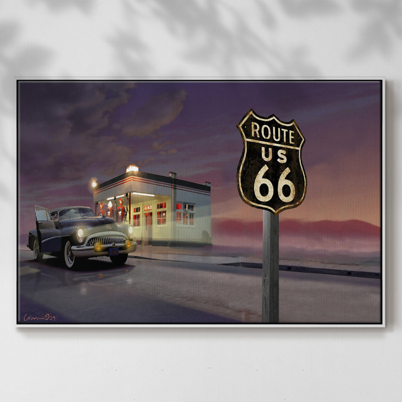 Route 66 - reproduction sur toile avec cadre flottant, H 27 po x l 41 po x P 2 po, Blanc