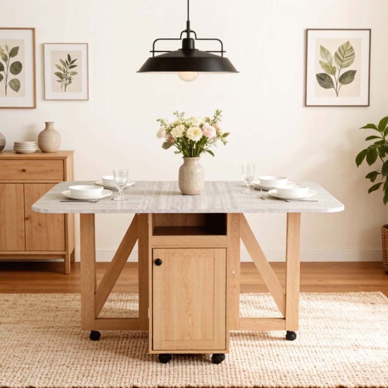 Table de salle à manger pliable avec abattant et rangement pour économiser de l'espace, Ardoise / chêne clair