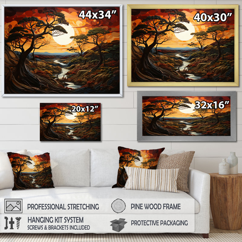 «Bersain African Tree Splendor pendant le coucher du soleil», reproduction sur toile, Cadre flottant noir