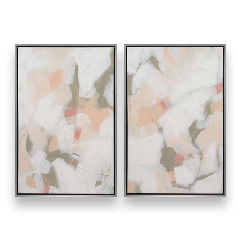 Ensemble de 2 motifs abstraits roses feutrés, Cadre flottant en chrome poli, H 49 po x l 66 po