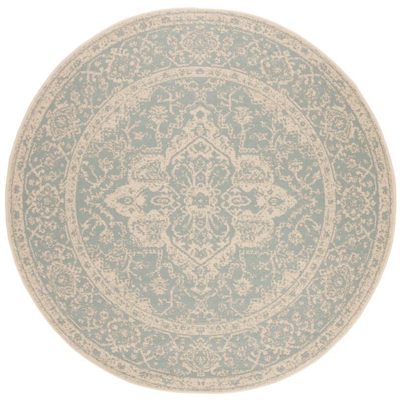 Danya Oriental Aqua/Cream Indoor/Outdoor Area Rug, Round 6'7"
