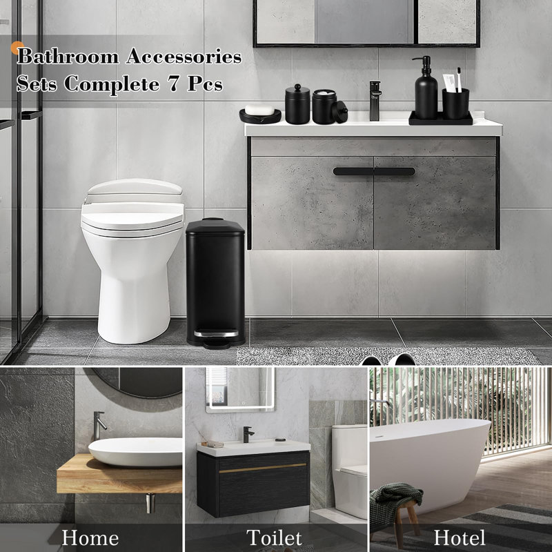 Ensemble d'accessoires de salle de bain noir, ensemble d'accessoires de salle de bain noir mat 7 pièces avec poubelle, distributeur de savon, porte-brosse à dents, porte-savon, plateau de coiffeuse, support de coton-tige, ensemble complet de salle de bain moderne