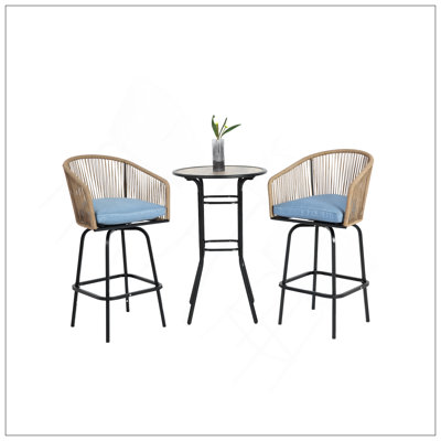 3Pcs Outdoor Bar Set, Patio Bar Table And Chairs Set, Bar Height Patio Set - 2 X Swivel Bar Chairs , 1 X Round Bar Table(DPC Wood-Like)