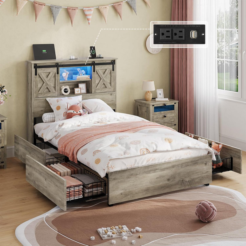 Farmhouse Bed Frame With Led Lights And 4 Storage Drawers, Wooden Platform Beds With Charging Station,rustic Bedroom Set With Storage Headboard And Sliding Barn Door