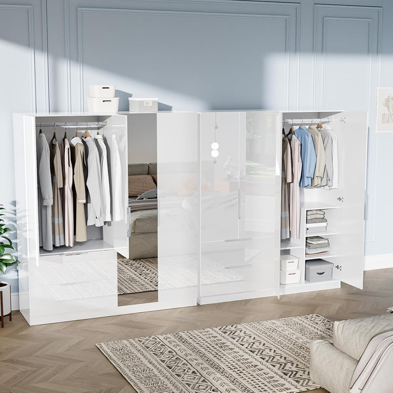 Garde-robe 4 portes 2 tiroirs avec porte miroir, Blanc