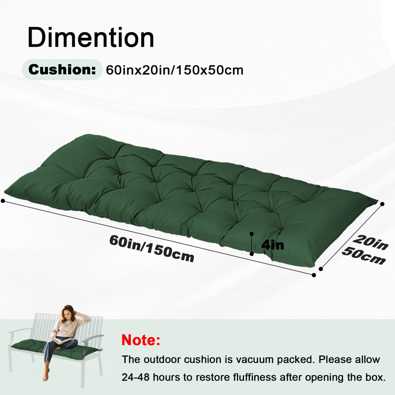 Outdoor Bench Cushion 60x20in, Waterproof Thicken Patio Seat Pad with Ties, Replacement Cushion for Porch Swing, Garden Bench, Indoor/Outdoor Use
