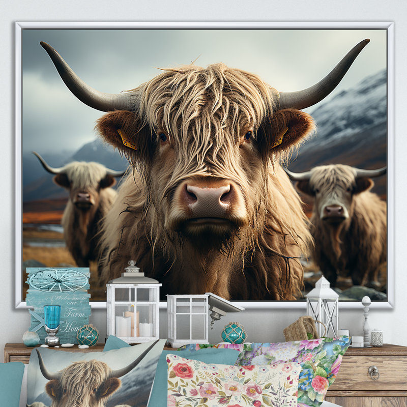 Majestic Highlands Yaks sur toile, H 24 po x l 32 po x P 1 po, Cadre flottant blanc