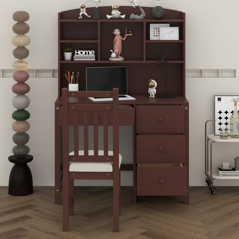 Ensemble de bureau d'écriture et chaise rembourrée avec bibliothèque, bureau d'ordinateur rétro de 40 po avec 4 tiroirs, tablette de rangement et chaise