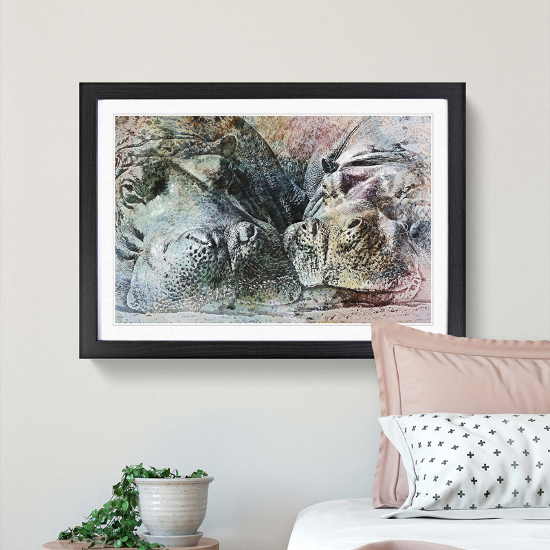 Pair of Sleeping Hippos in Abstract - Picture Frame Graphic Art Print, Black Framed, 36cm H x 48cm W x 2cm D