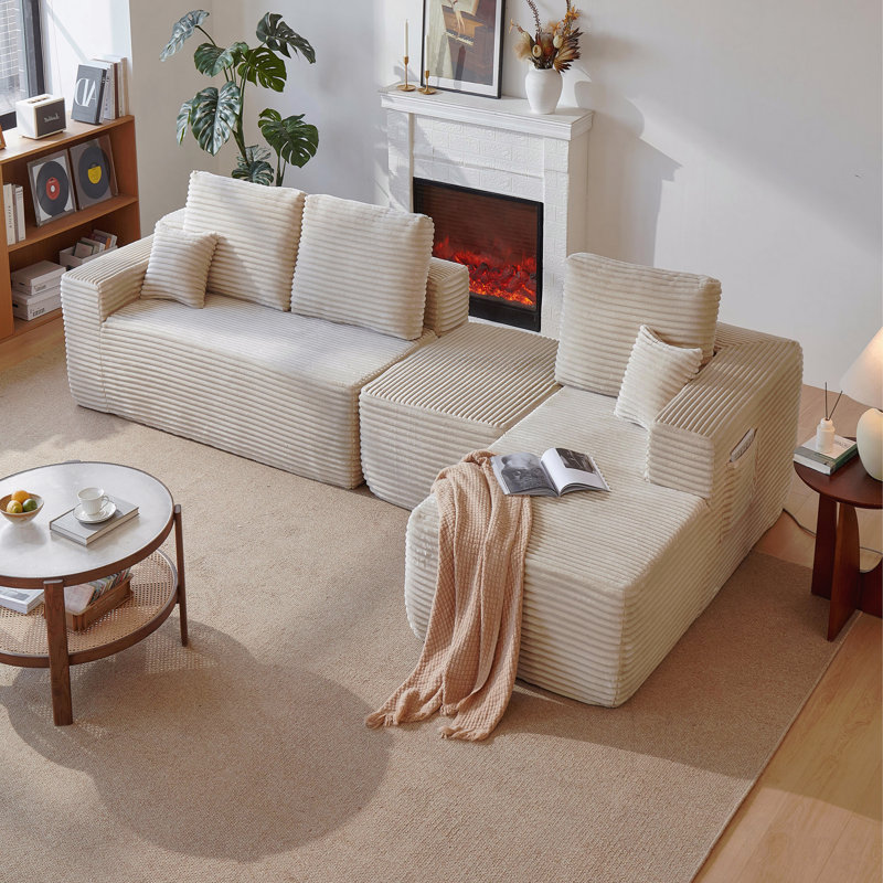 Canapé modulaire de 104 po avec méridienne en forme de U et poches latérales, canapé modulaire moderne avec assise profonde, canapé rembourré pour la chambre à coucher du salon, aucun assemblage requis, beige, droite