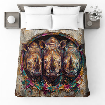 Three Rhinoceroses Painting Quilted Bedspread All Sizes