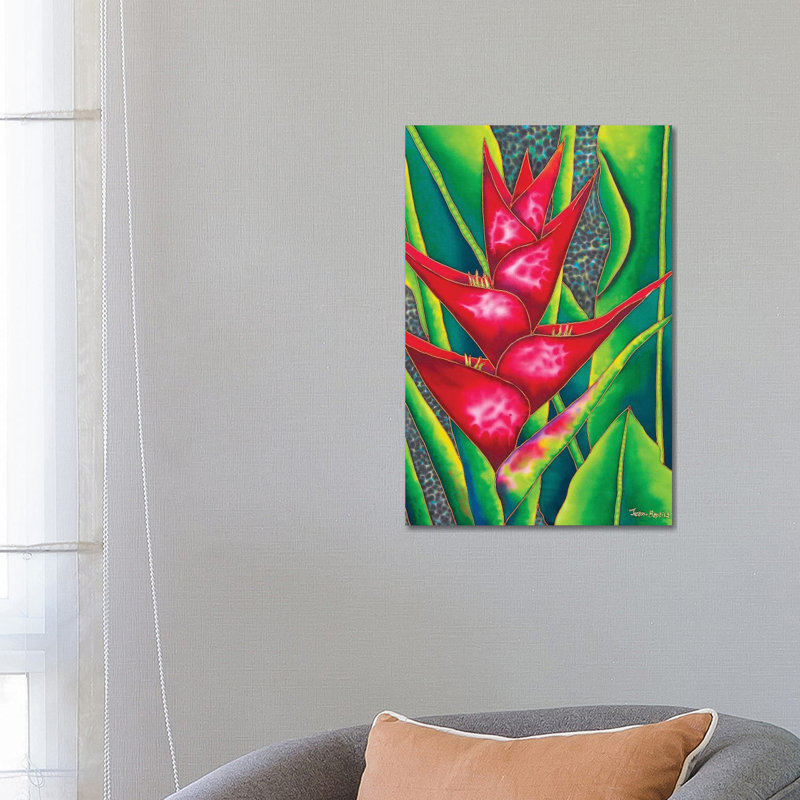 «Red Heliconia» par Daniel Jean-Baptiste - reproduction d'art, H 26 po x l 18 po x 1,5 po, Toile tendue, Pas de tapis