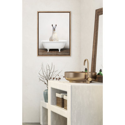 Alpaca in the Tub Color by Amy Peterson Framed Canvas Wall Art Print