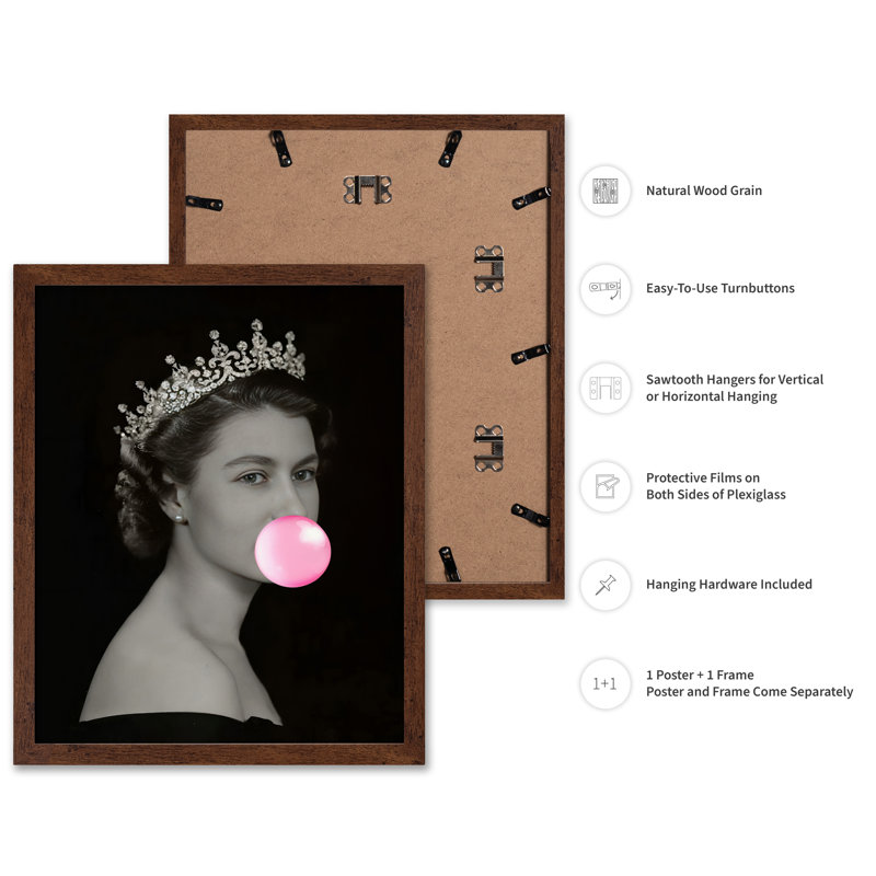 Queen Elizabeth Pink Bubble Gum No2, Poster, 11"H x 14"W, Brown Framed