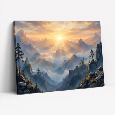 Ensemble de 1 tableau sur toile tendue représentant un coucher de soleil sur un paysage de montagne