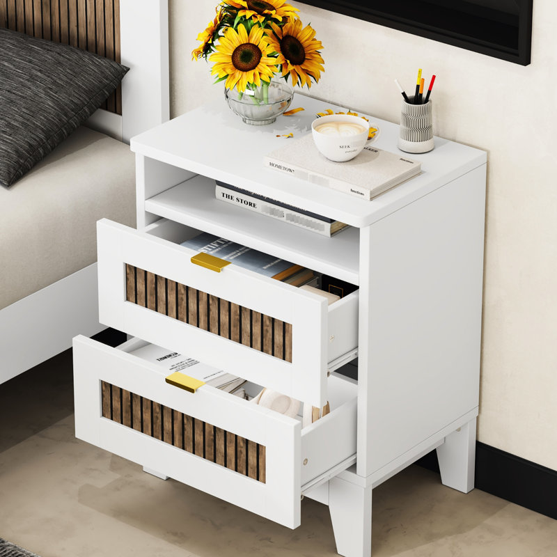 Table de chevet blanche 2 avec bande en bois et poignée en métal pour la poignée de rangement de la chambre à coucher,