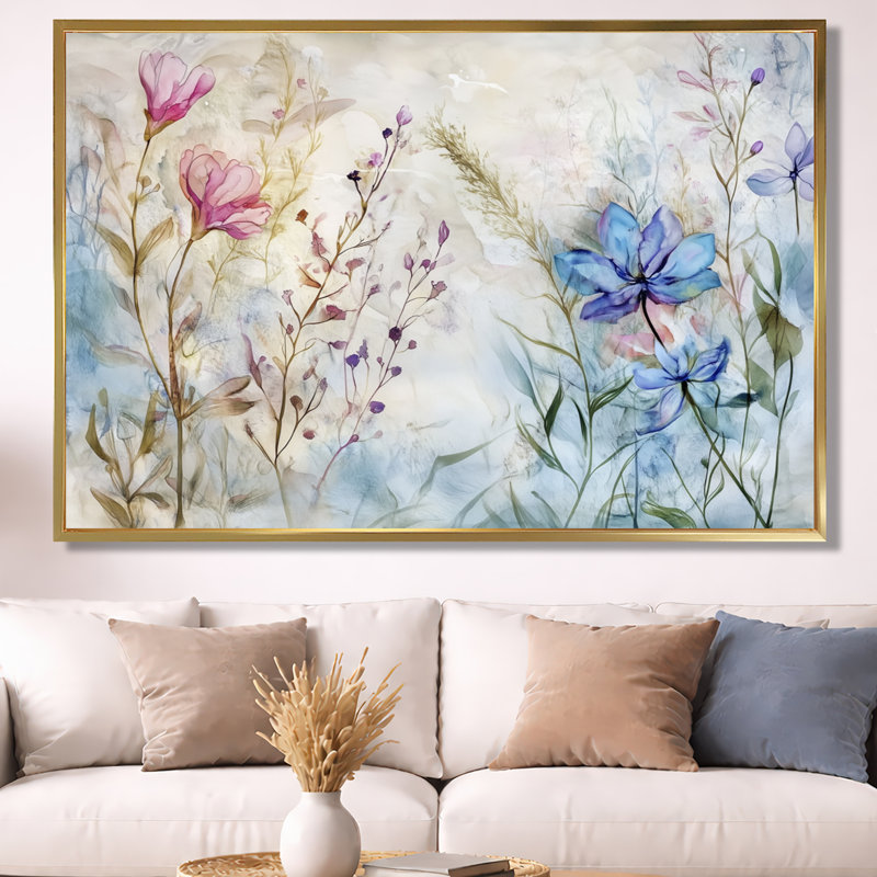 Toile de fleurs en fleurs, art mural Spring Meadow, printemps fleurs sauvages, H 40 po x l 60 po, Cadre flottant doré