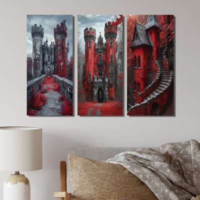 Monochrome Grey Red Autumn England Castle I - Traditional Canvas Prints 3 Pieces Collection
