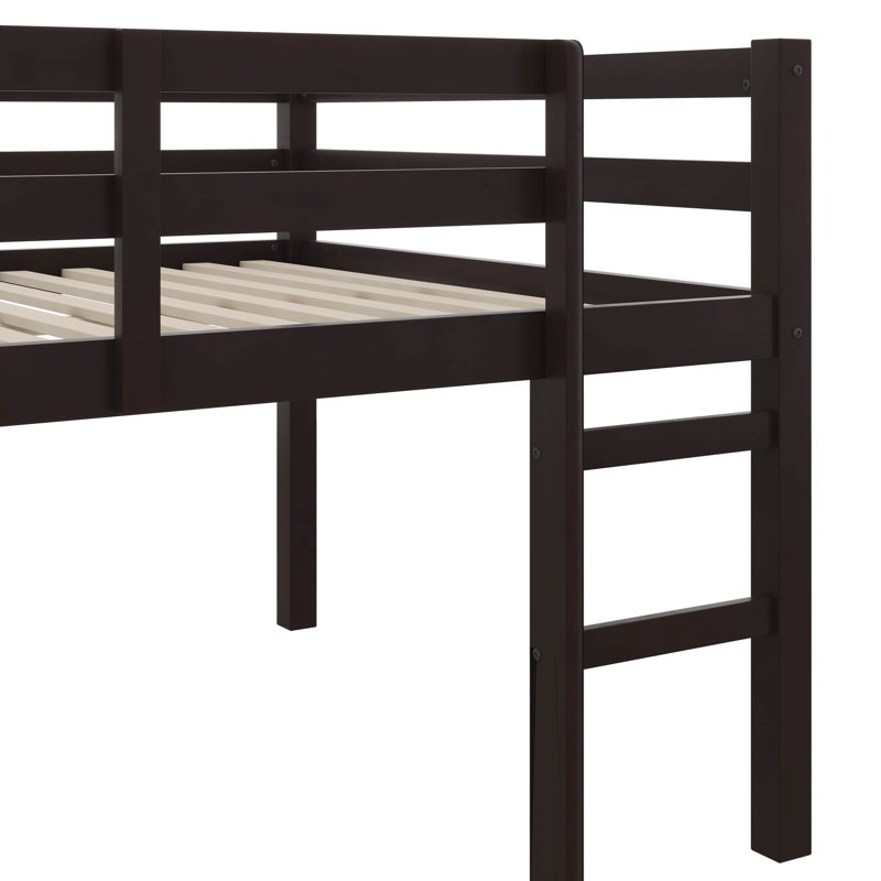 Lit mezzanine compacte pleine grandeur en bois d'hévéa avec marches, Espresso