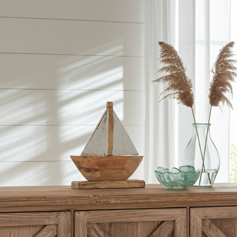 Bywood, objet décoratif en bois, voilier côtier, conception artisanale, décoration nautique rustique, bateau, plage, décor à la maison