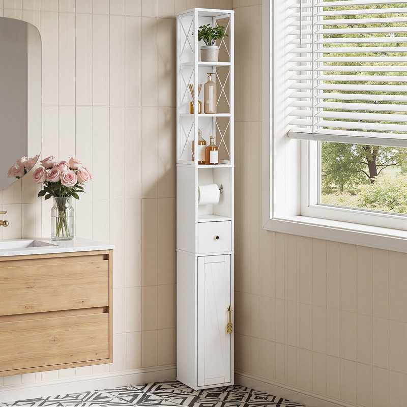 Talion Tall Bathroom Storage Cabinet, Slim Storage Cabinet With Toilet Paper Scroll, Narrow Cabinet With Adjustable Shelves And Door