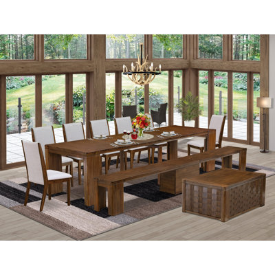 10 Pc Mid Century Dining Table Set includes an Extendable Rectangle Table, 1 Coffee Table, 7 Dining Chairs and 1 Modern Bench, Antique Walnut