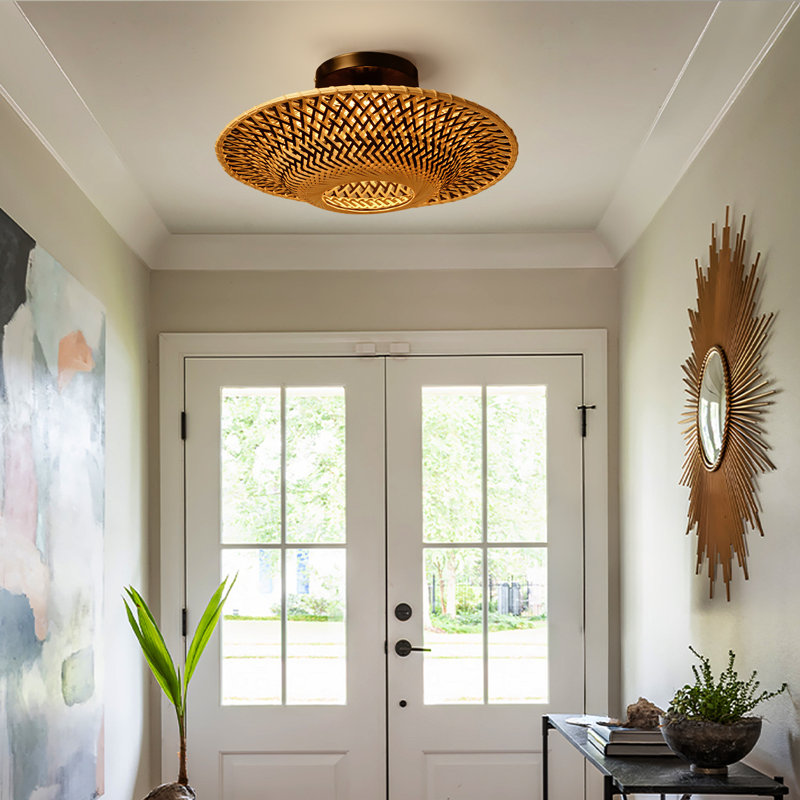Hand-Woven Bamboo Semi-Flush Ceiling Light, 5.9" H x 15.74" W x 15.74" D
