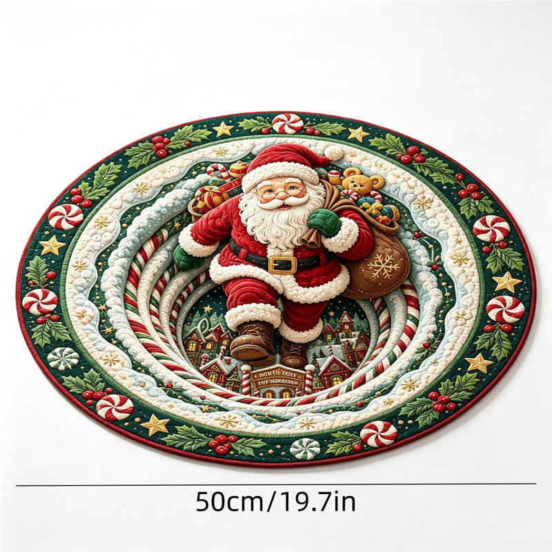 Tapis de Noël rond avec motif Père Noël, imprimé cristal, en velours et envers à pois. Décorations festives de Noël.