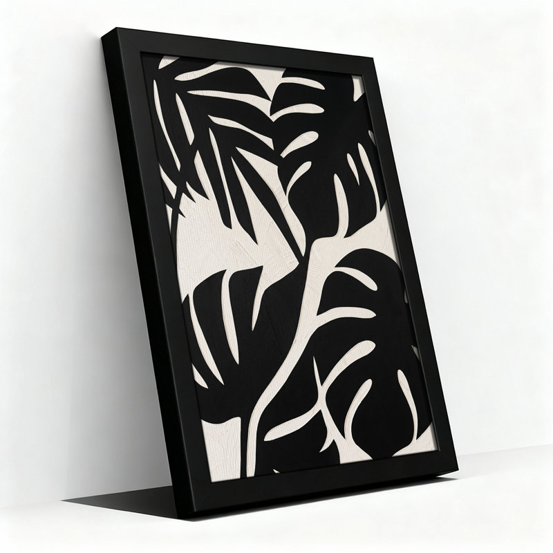 Tableau sur toile à motif de feuilles tropicales noires et crème, H 18 po x l 12 po