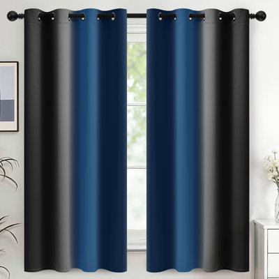 Blue and Black  Thermal Insulated Curtains, Grommet Top Gradient Window Drapes 2 Panels