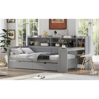 Lit de jour en bois avec tablettes de rangement, lit multifonctionnel avec deux tiroirs de rangement et bureau d'étude