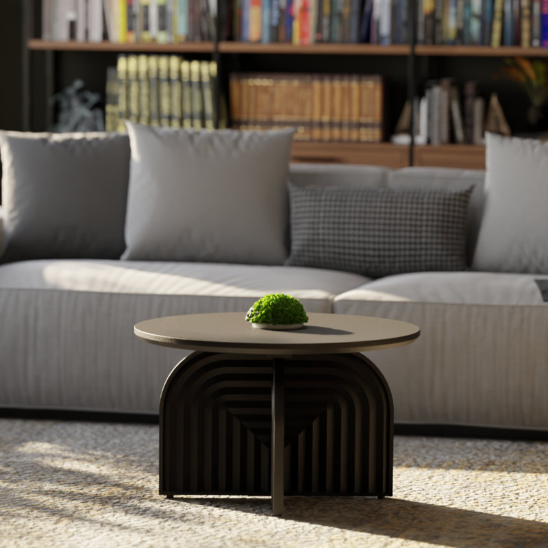 Solid Wood Round Coffee Table with Arch Pedestal Base and Matte Black Finish