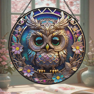 Chouette fleurs cercle vitrail Suncatcher pour décoration de fenêtre