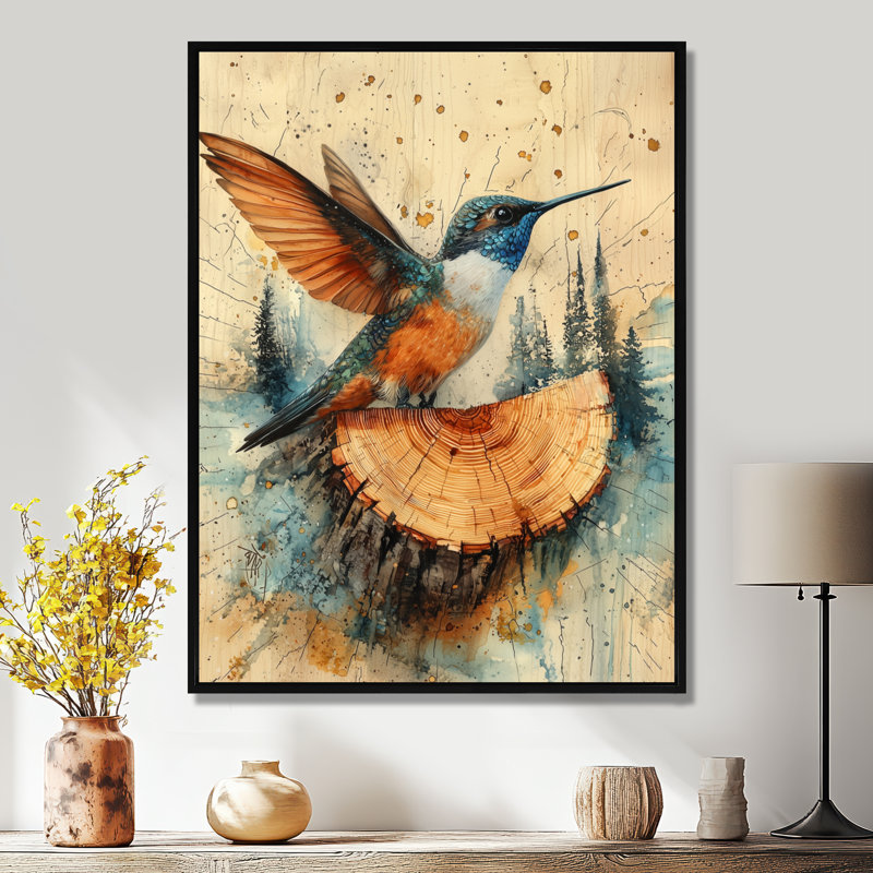Art sur toile, Colibri de Gertwin dans la forêt II, H 32 po x l 24 po, Reproduction avec cadre flottant, Noir